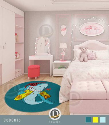 فرش اتاق کودک با طرح کوسه و تخته موج سواری